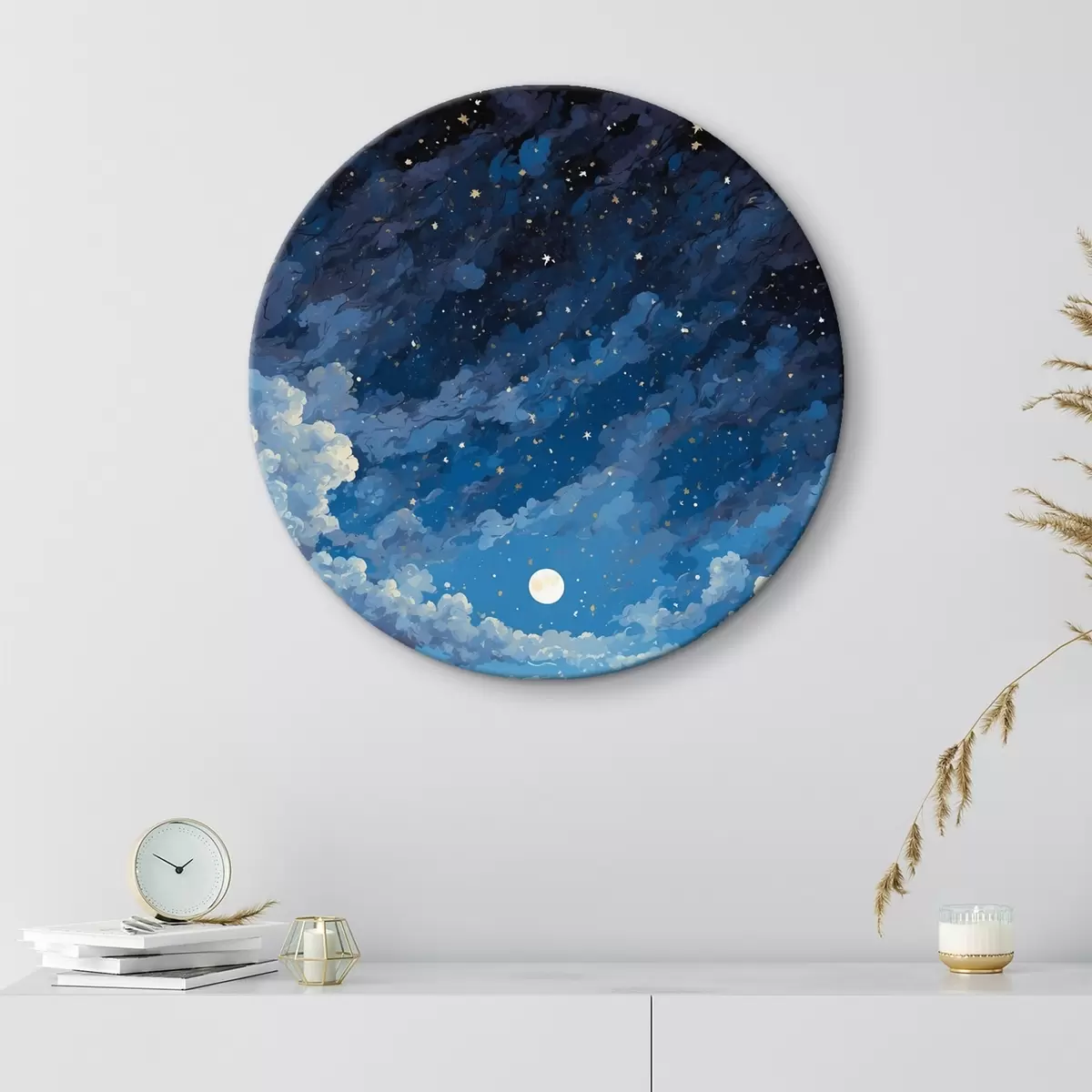 Quadri rotondi Cielo notturno con luna e stelle su un paesaggio montano r44872