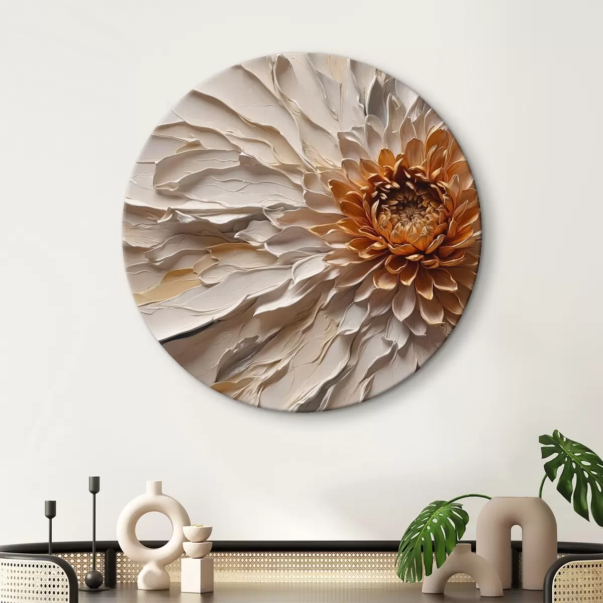Quadri rotondi Fiore volumetrico con petali cremosi e nucleo caldo r44878