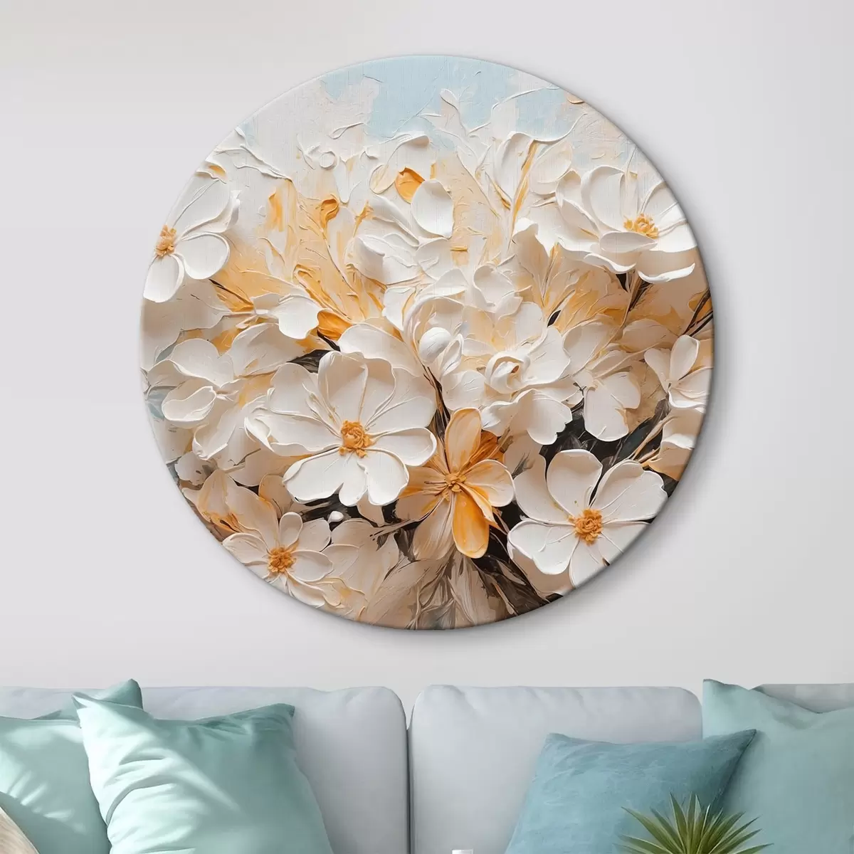 Quadri rotondi Fiori bianchi e pesca su sfondo blu con colori pastello r44879