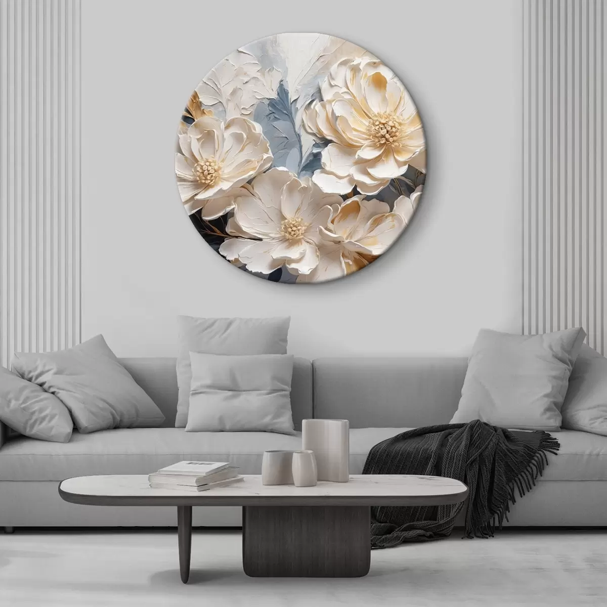 Quadri rotondi Peonie volumetriche color crema su sfondo blu chiaro r44880