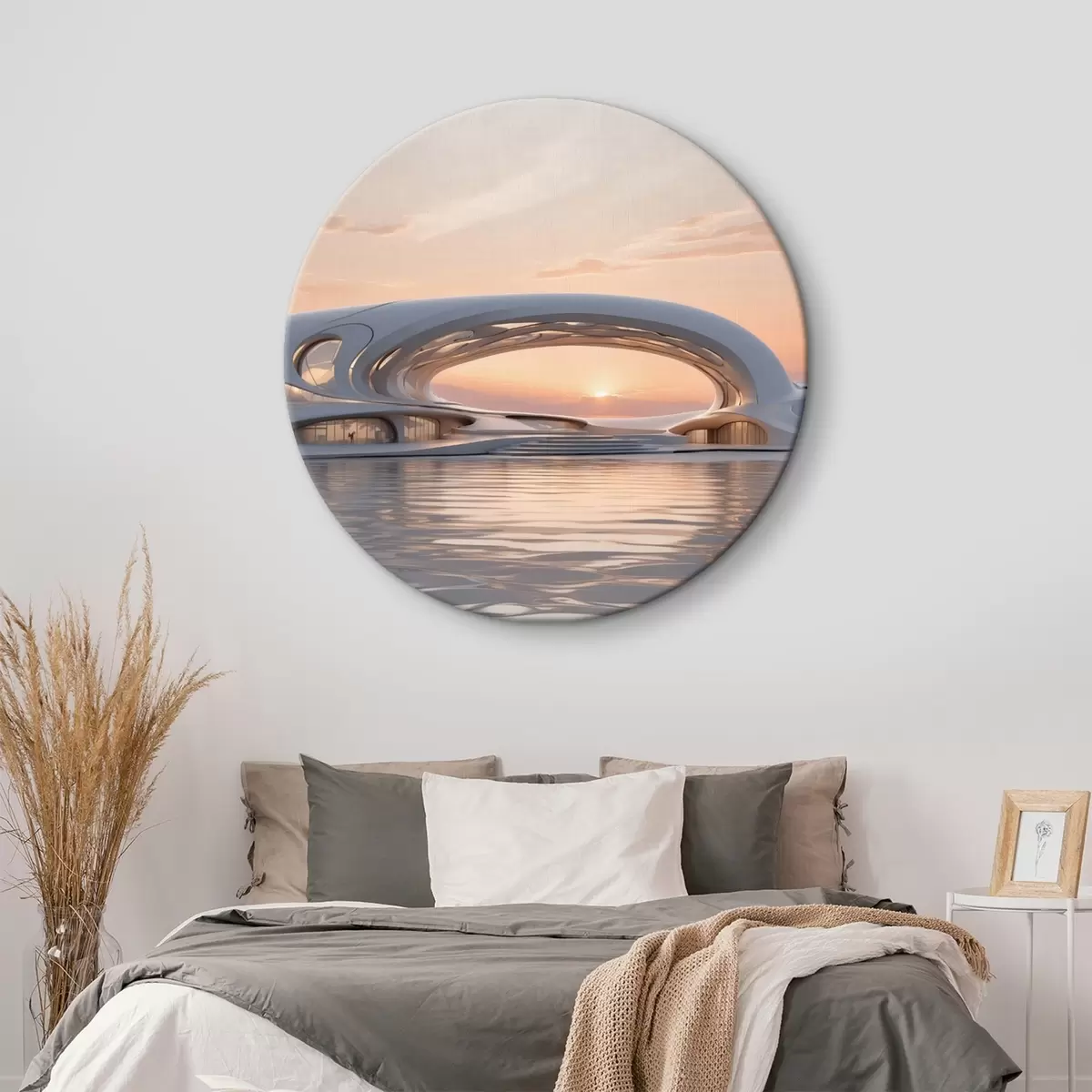 Quadri rotondi Edificio futuristico sull'acqua contro un tramonto rosa r44884