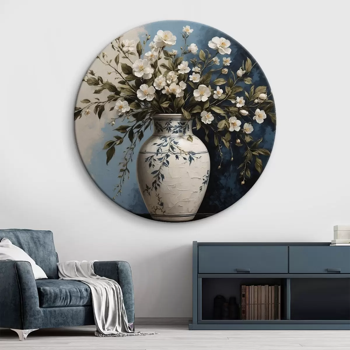 Quadri rotondi Fiori bianchi e gialli in un grande vaso su sfondo blu r44893