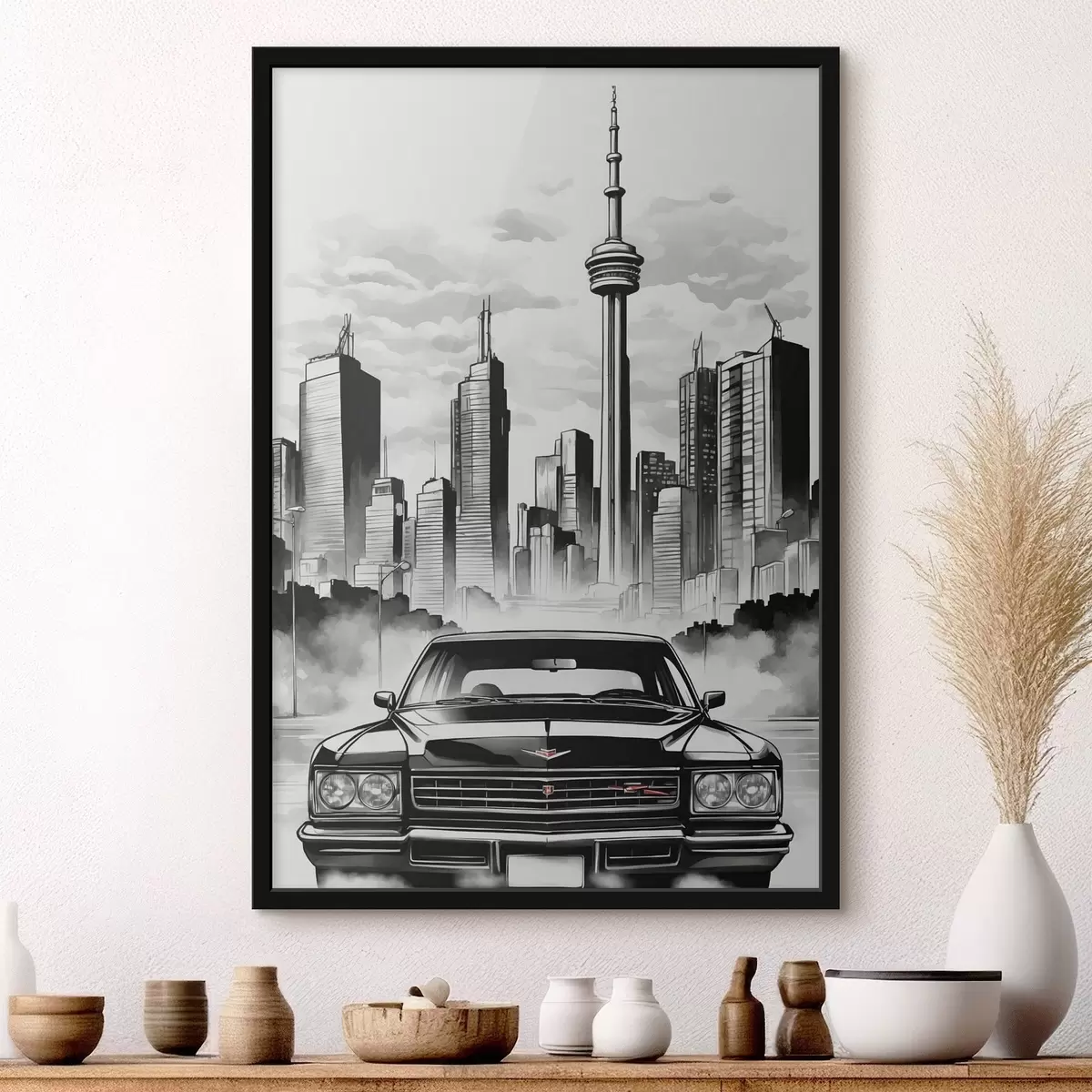 Poster Auto retrò sullo sfondo di città monocromatica con grattacieli f44871