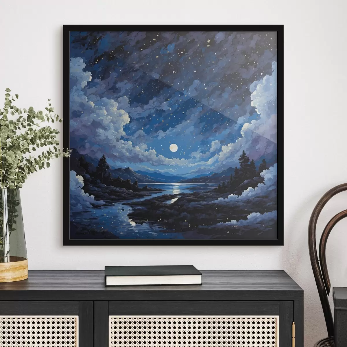 Poster Cielo notturno con luna e stelle su un paesaggio montano f44872