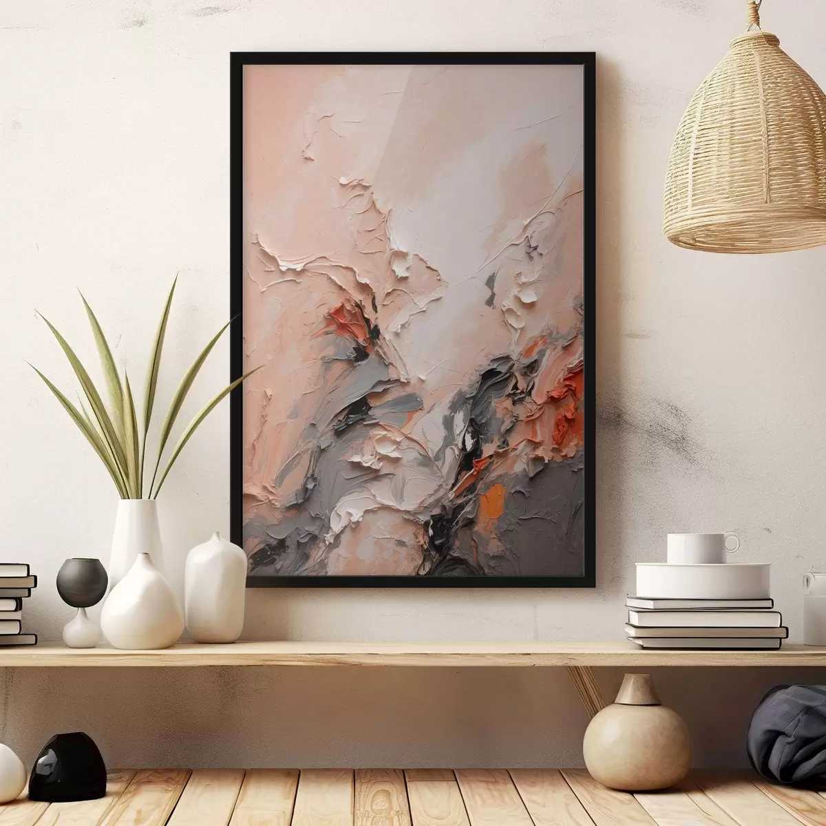 Poster Astratto nei toni del grigio pesca con tratti strutturati f44873