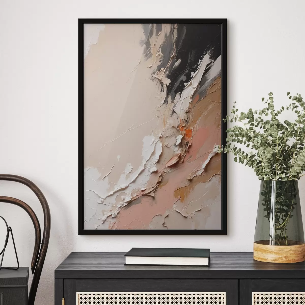 Poster Astrazione beige e nera con accenti di rosa e bianco f44875