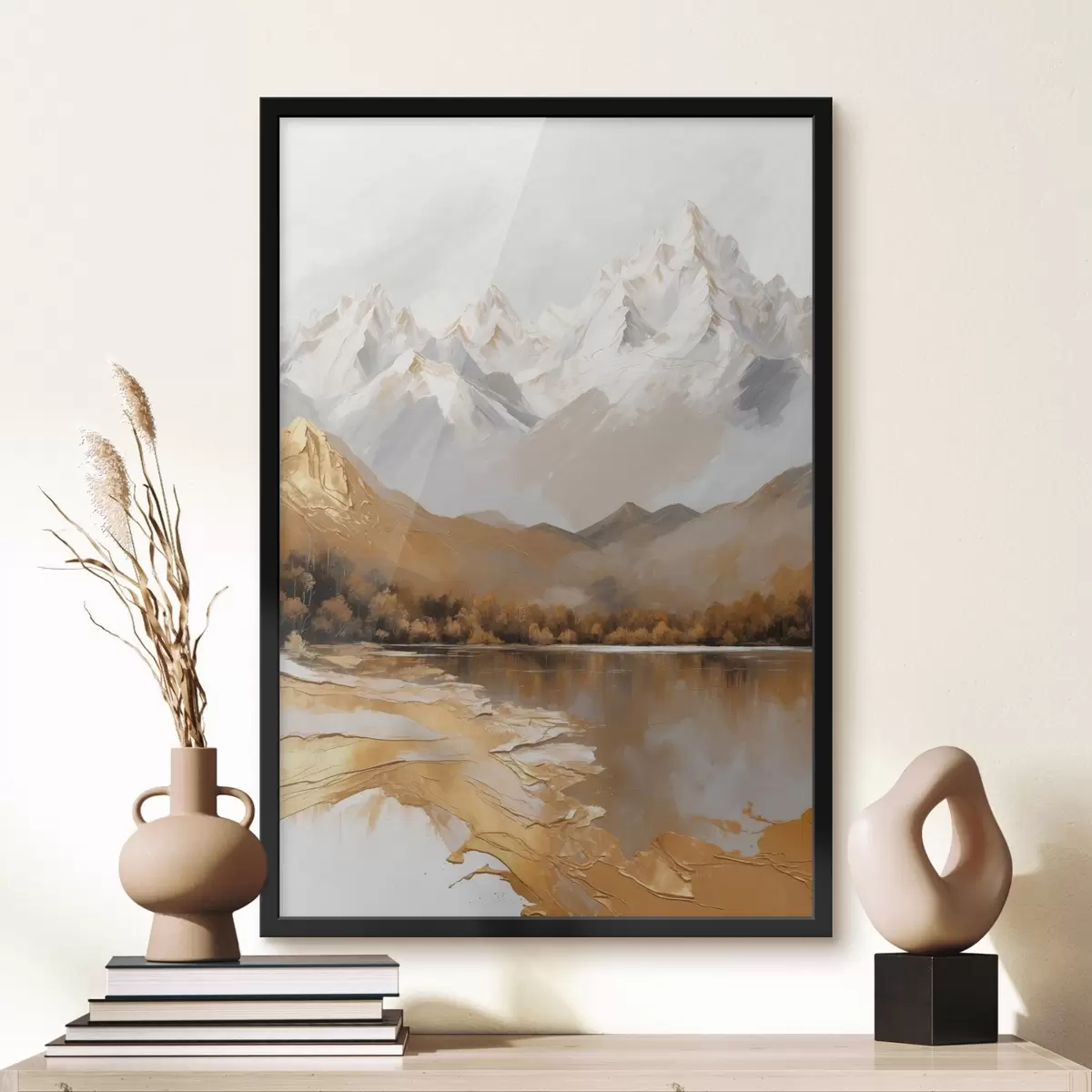 Poster Paesaggio montano con lago dai colori caldi f44877