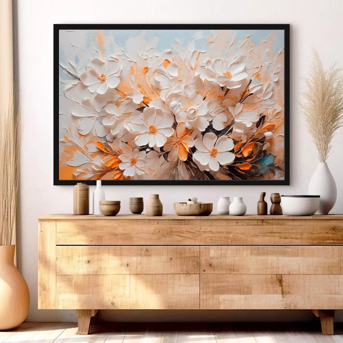 Poster Fiori bianchi e pesca su sfondo blu con colori pastello f44879