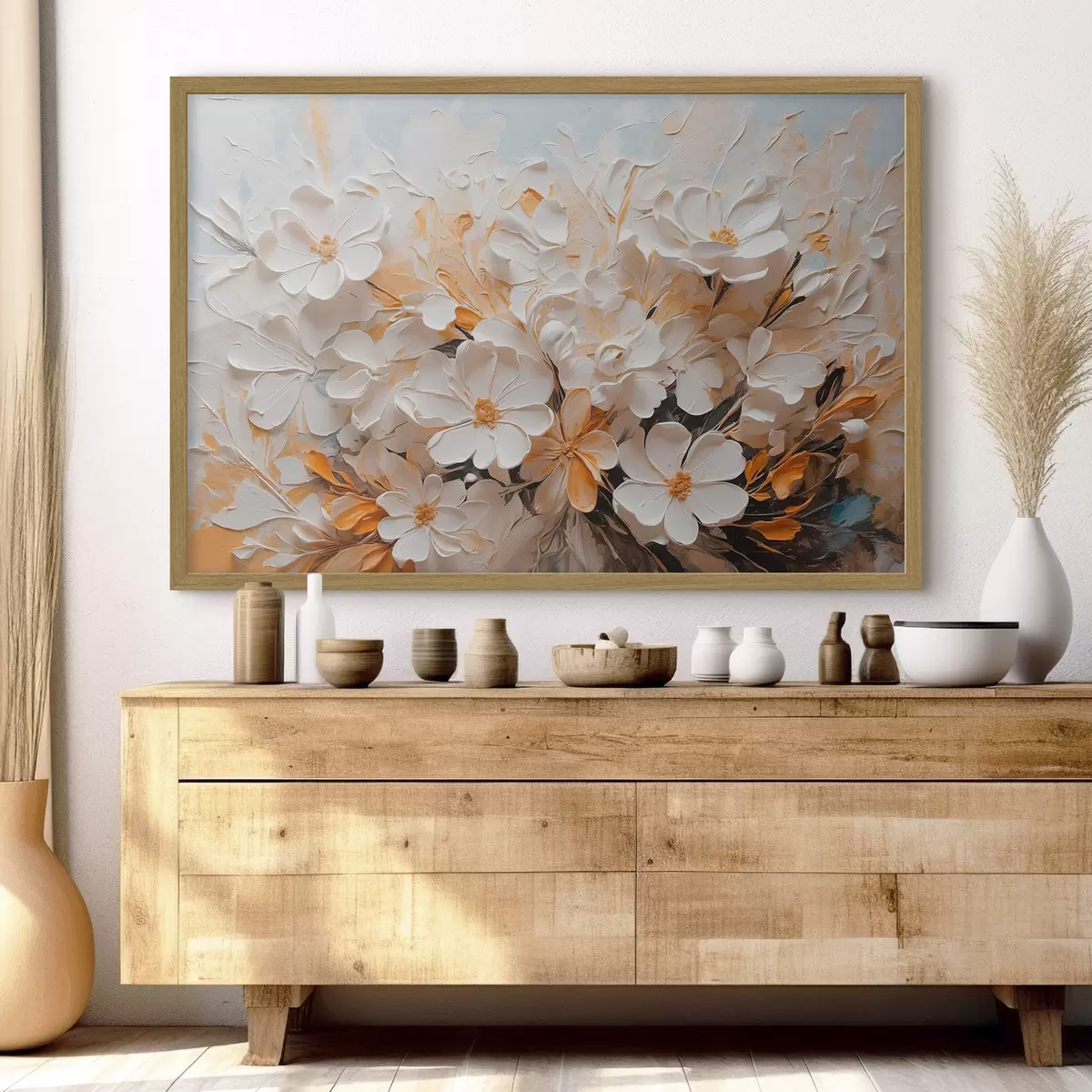 Poster Fiori bianchi e pesca su sfondo blu con colori pastello f44879