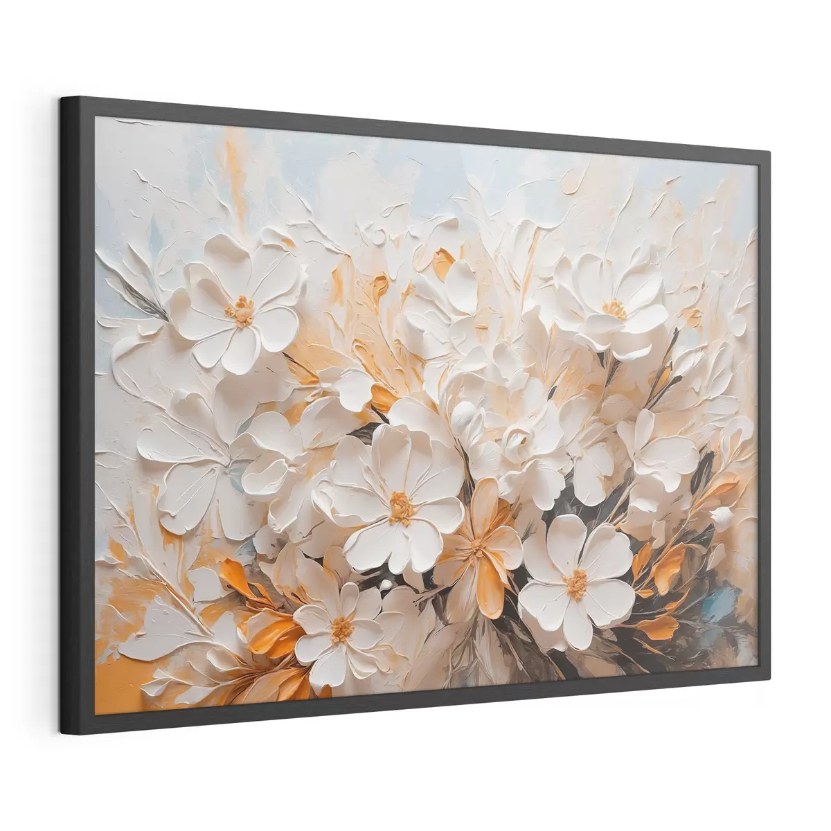 Poster Fiori bianchi e pesca su sfondo blu con colori pastello f44879