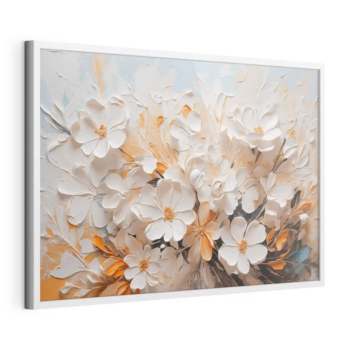 Poster Fiori bianchi e pesca su sfondo blu con colori pastello f44879