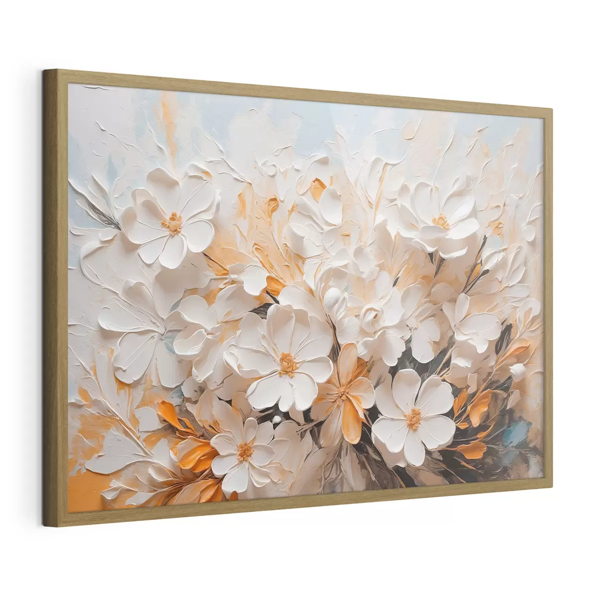 Poster Fiori bianchi e pesca su sfondo blu con colori pastello f44879