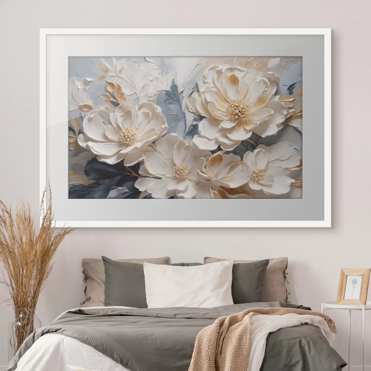 Poster Peonie volumetriche color crema su sfondo blu chiaro f44880