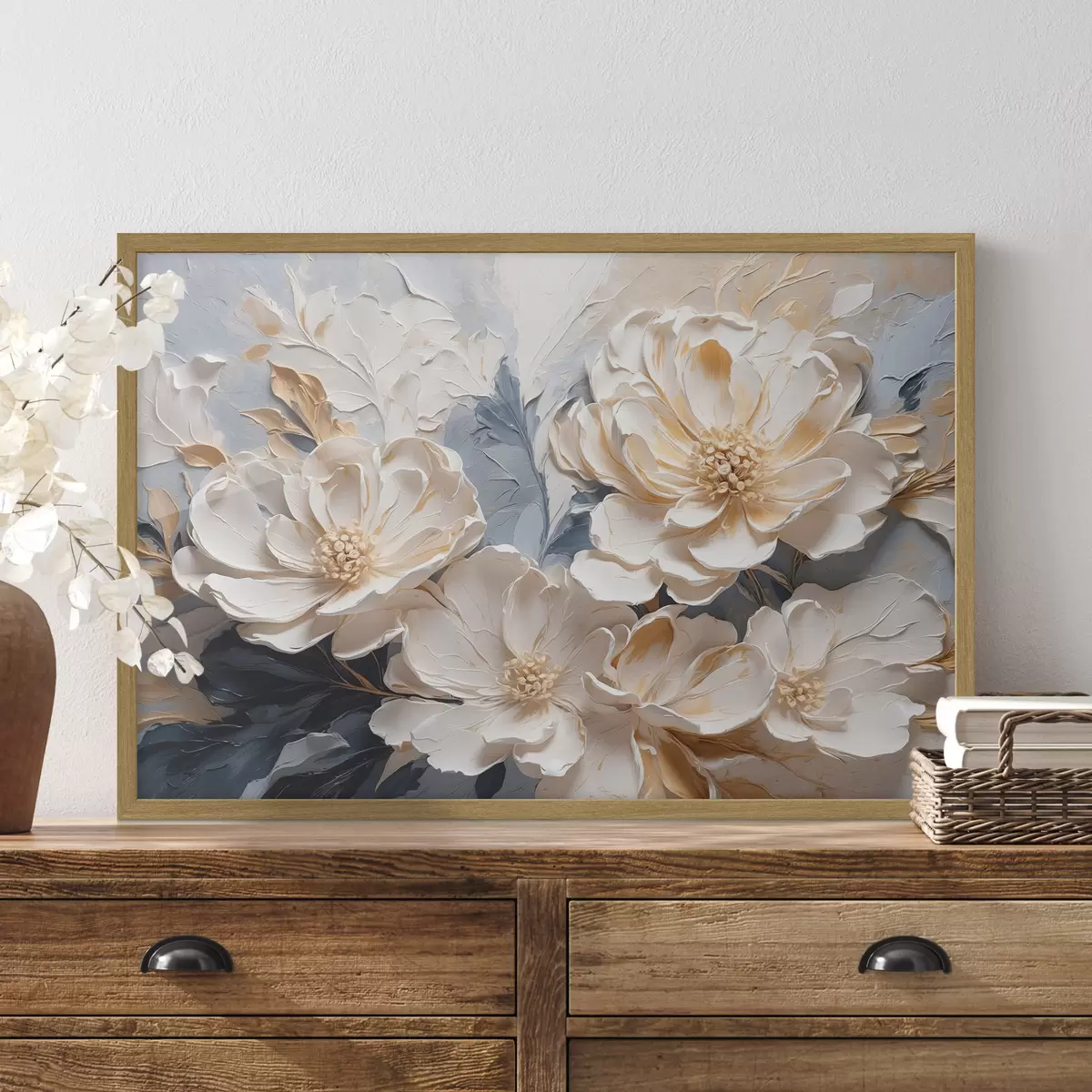Poster Peonie volumetriche color crema su sfondo blu chiaro f44880