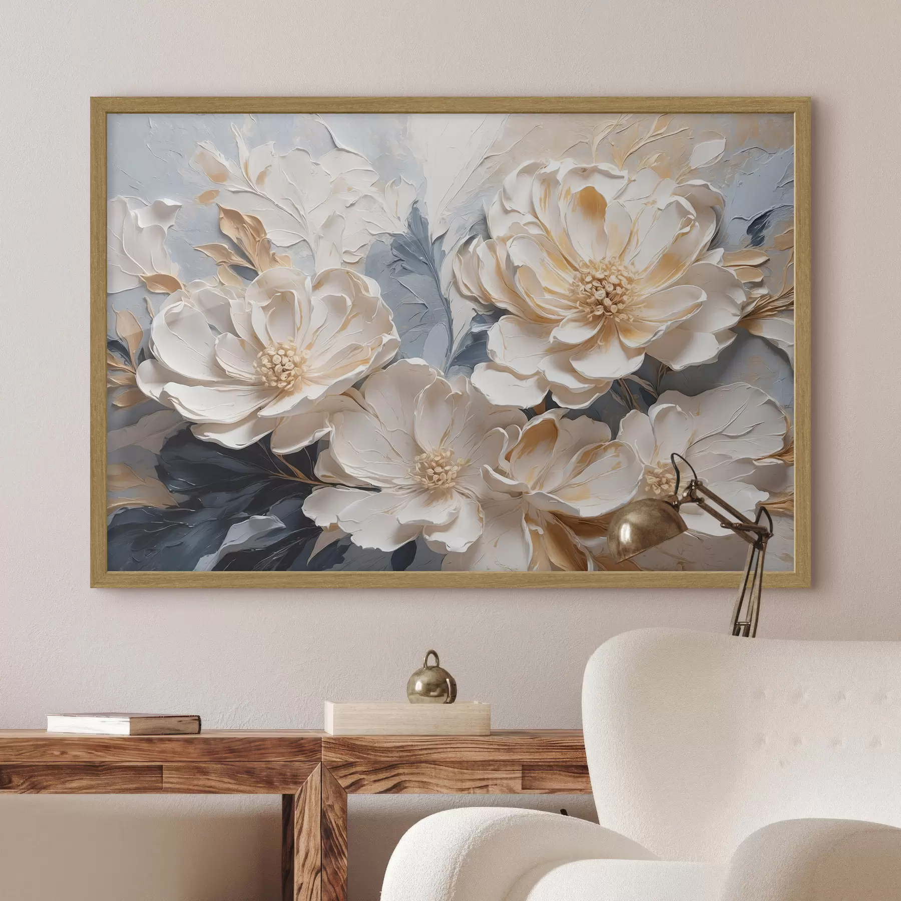 carta da parati Peonie volumetriche color crema su sfondo blu chiaro nr. f44880