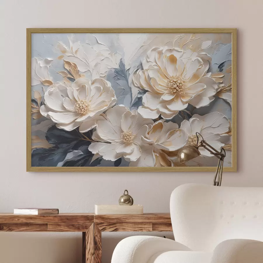 carta da parati Peonie volumetriche color crema su sfondo blu chiaro nr. f44880