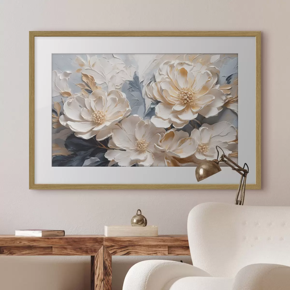 Poster Peonie volumetriche color crema su sfondo blu chiaro f44880