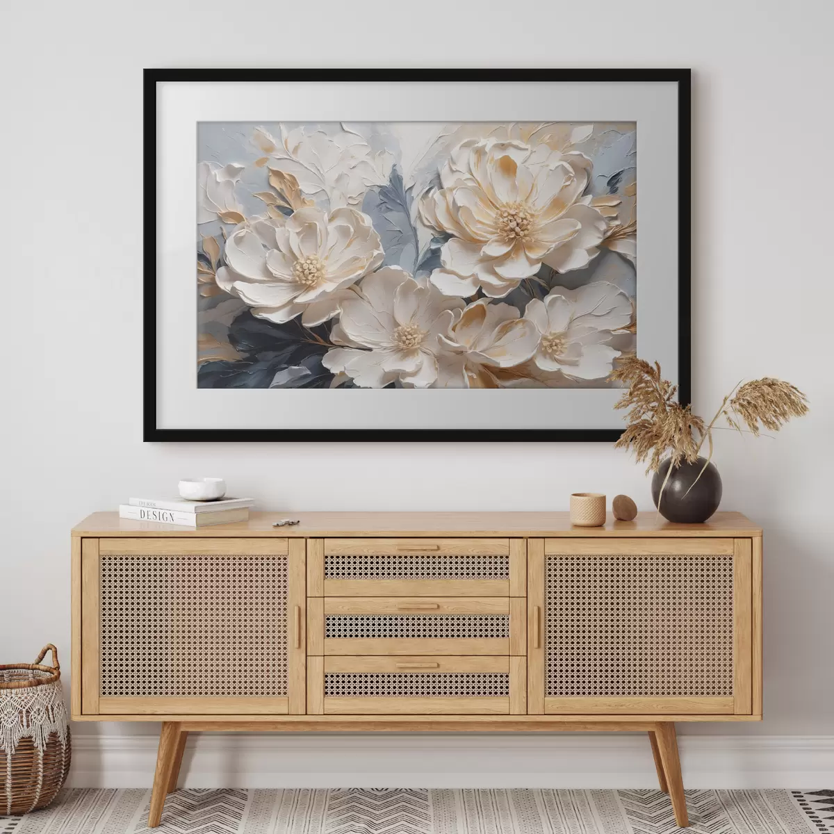 Poster Peonie volumetriche color crema su sfondo blu chiaro f44880