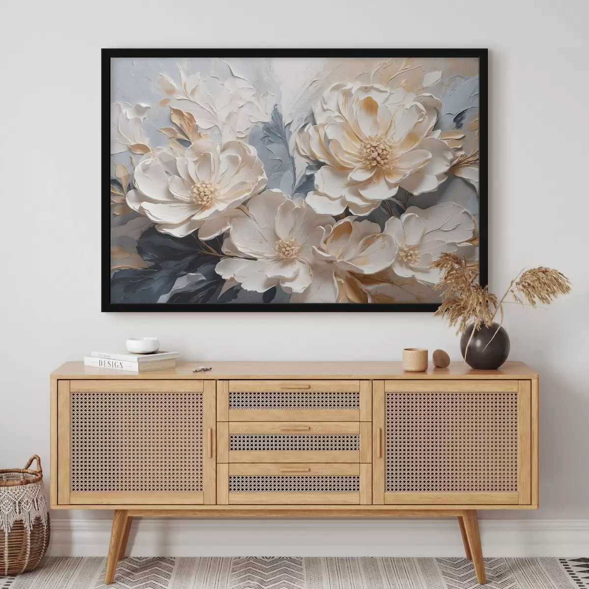 Poster Peonie volumetriche color crema su sfondo blu chiaro f44880