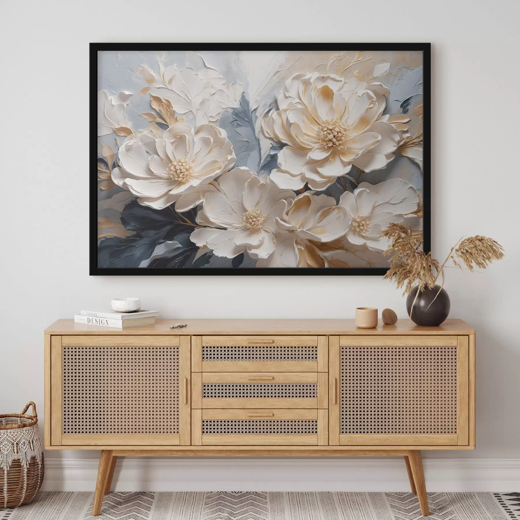 carta da parati Peonie volumetriche color crema su sfondo blu chiaro nr. f44880