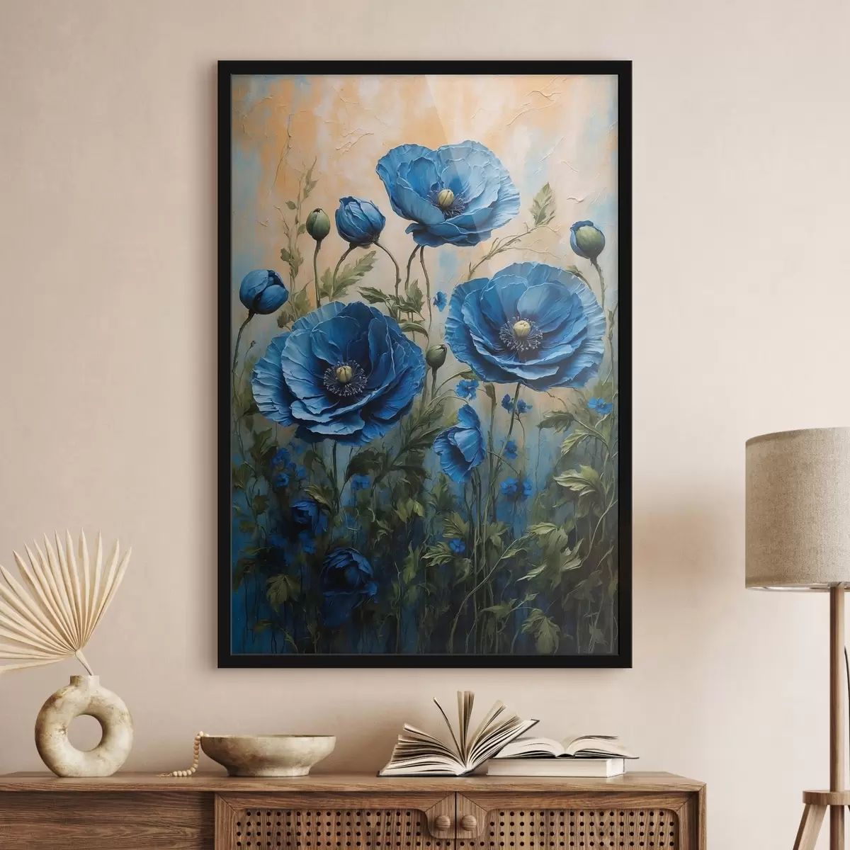 Poster Papaveri blu su sfondo pastello con foglie f44882