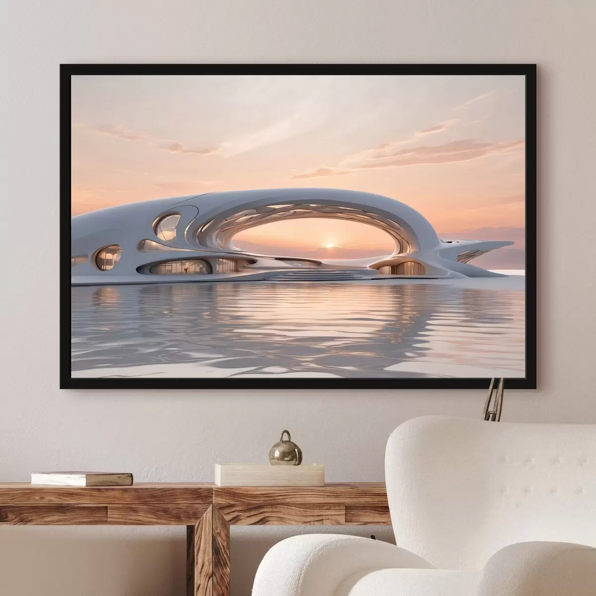 Poster Edificio futuristico sull'acqua contro un tramonto rosa f44884