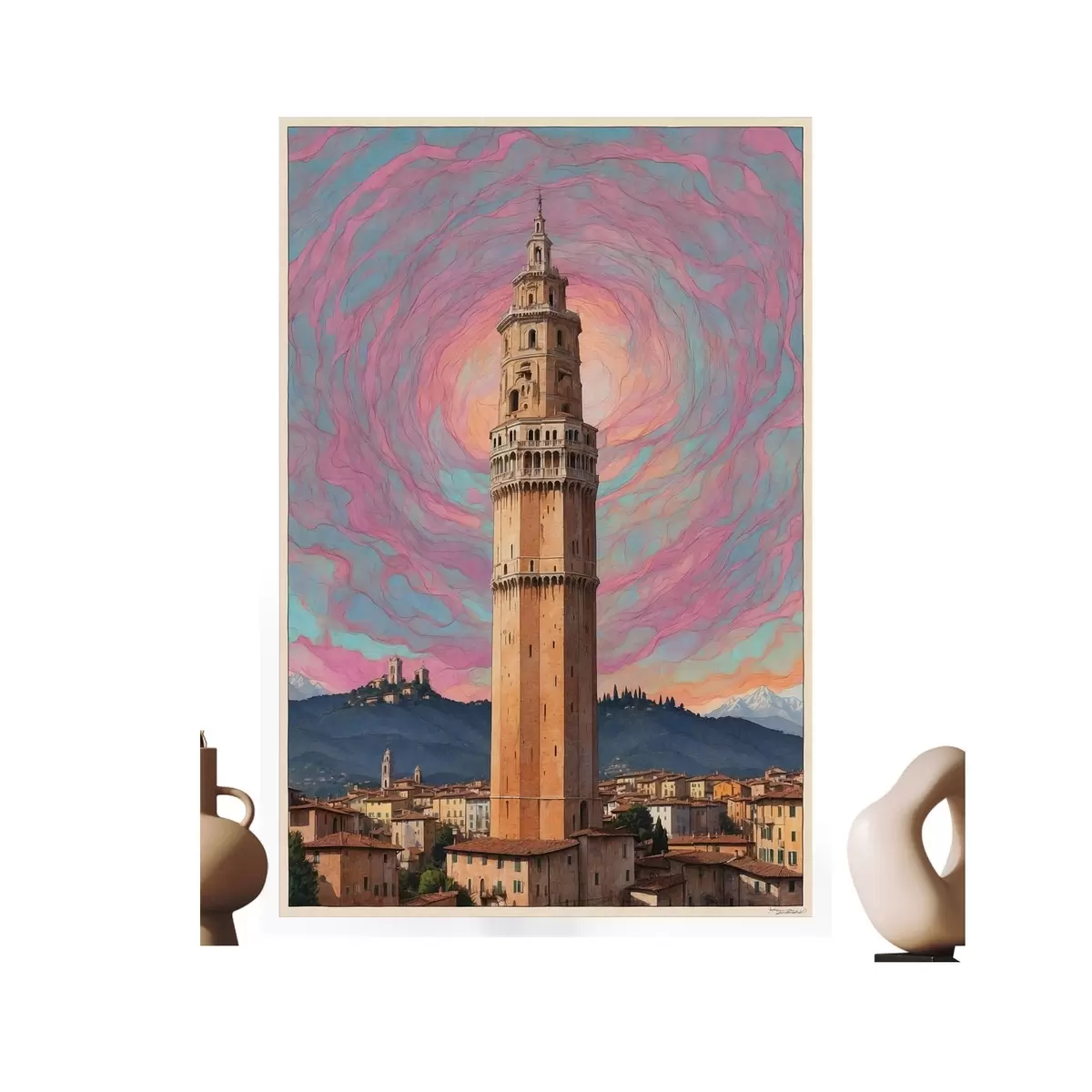Poster Torre di fantasia contro il cielo con spirali rosa e blu f44885