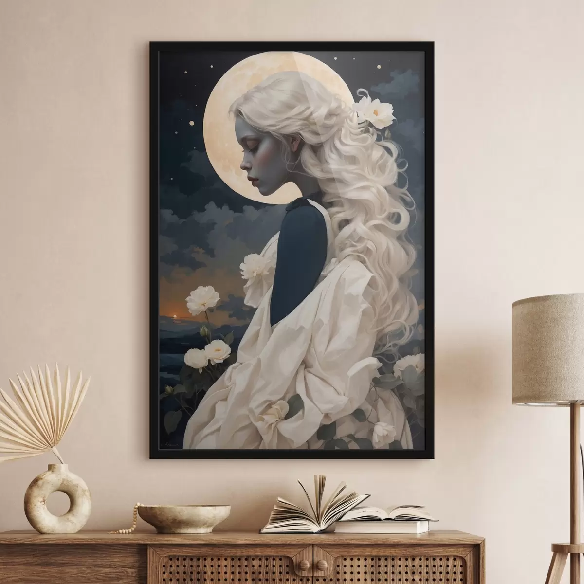 Poster Ritratto di ragazza con capelli bianchi e luna piena f44887