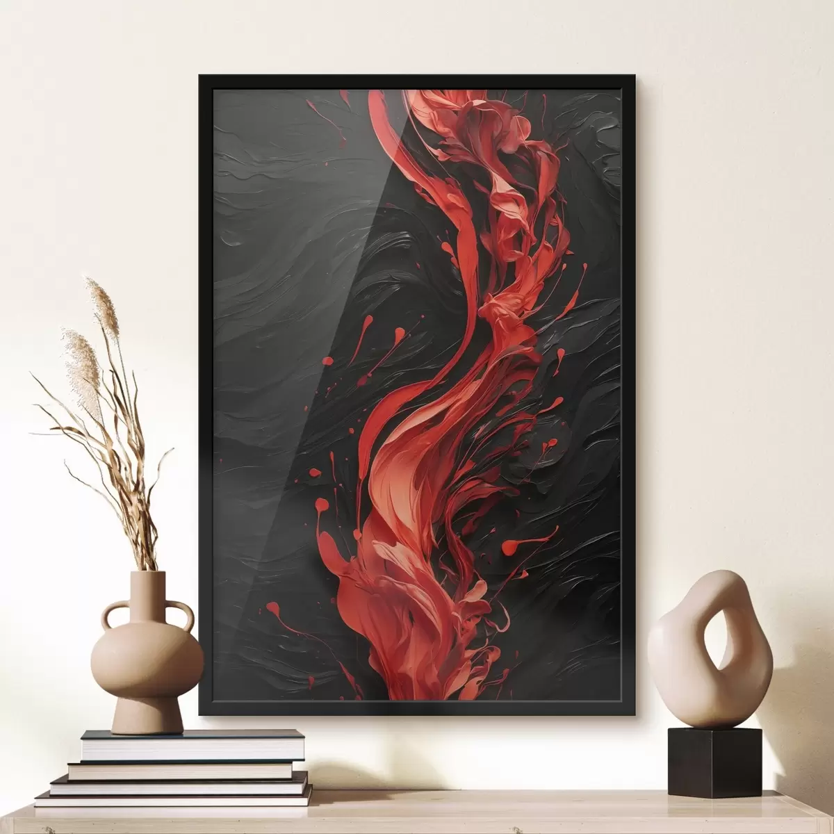 Poster Flusso di vernice rossa su sfondo nero astratto f44889