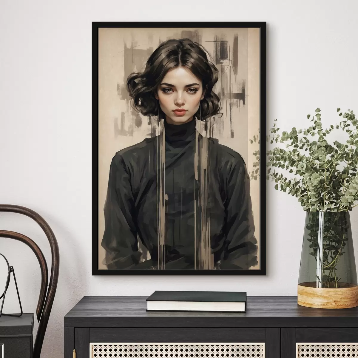 Poster Ritratto di donna con capelli corti scuri su sfondo astratto f44890