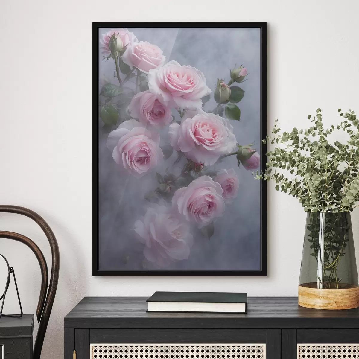 Poster Rose rosa tenue nella nebbia con foglie verdi f44892
