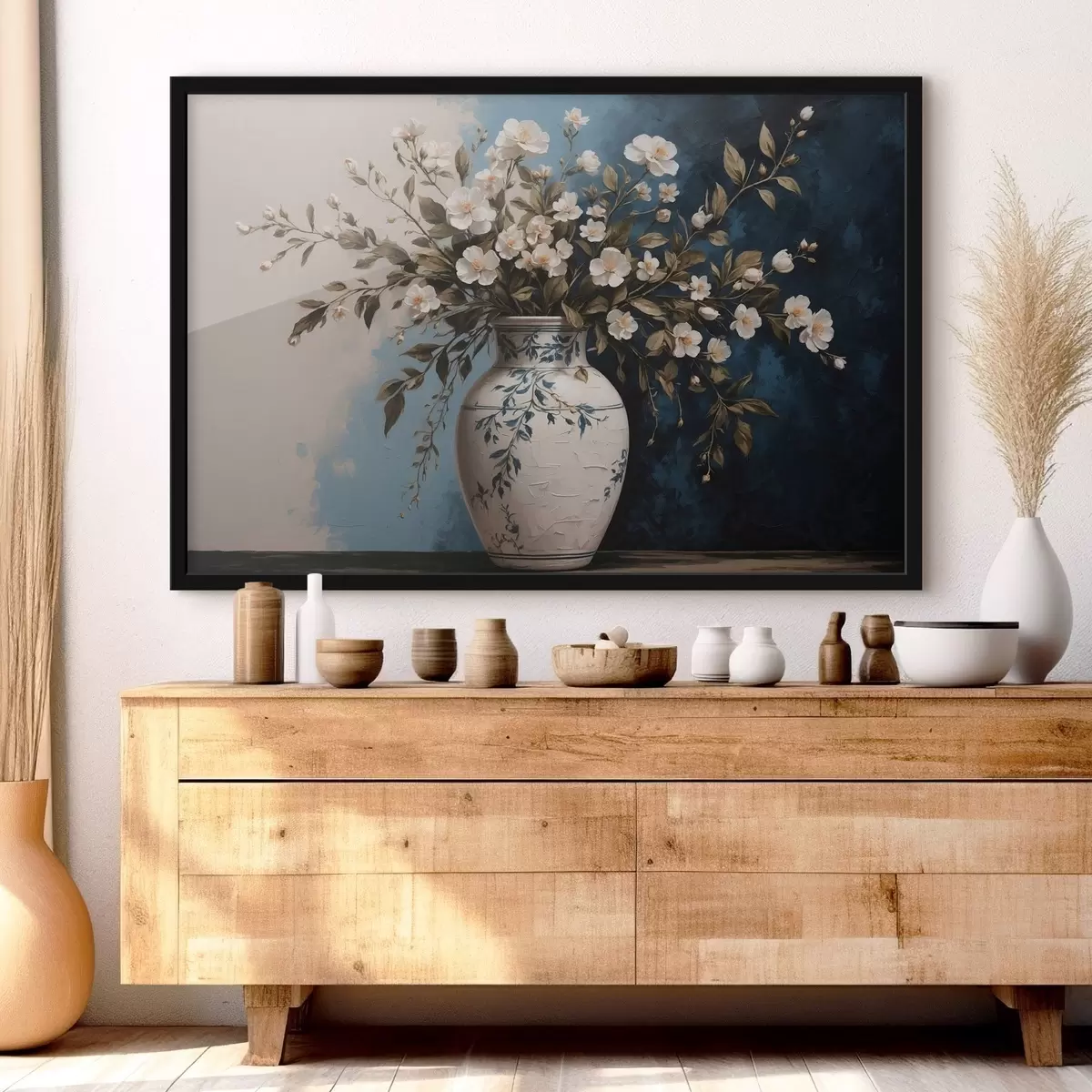 Poster Fiori bianchi e gialli in un grande vaso su sfondo blu f44893