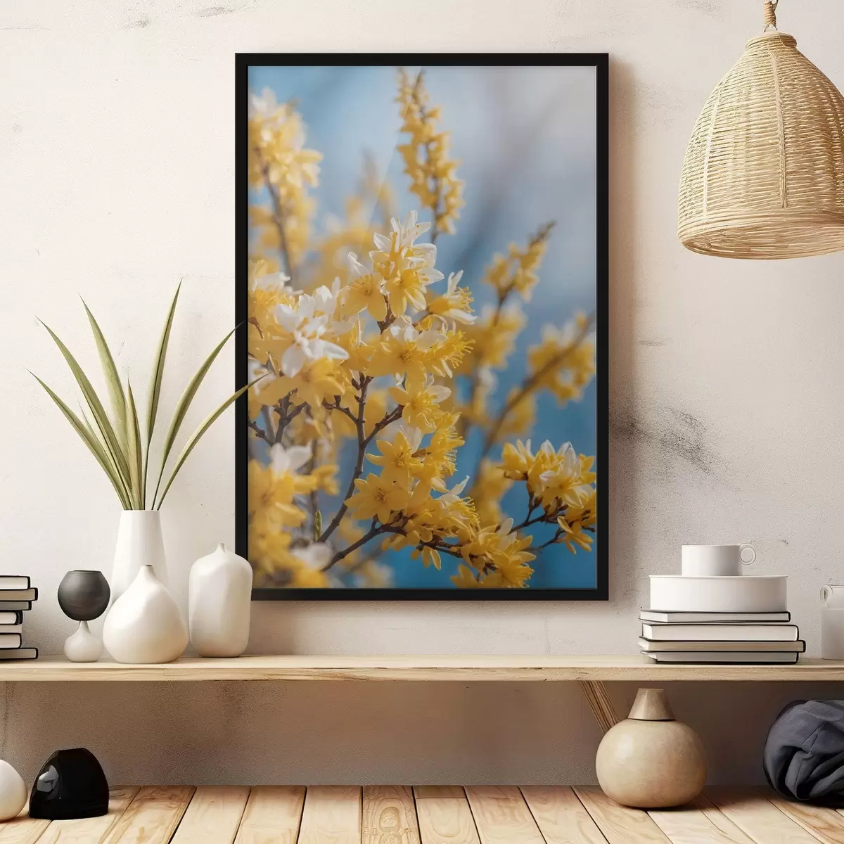 Poster Fiori gialli su sfondo blu con messa a fuoco morbida f44894