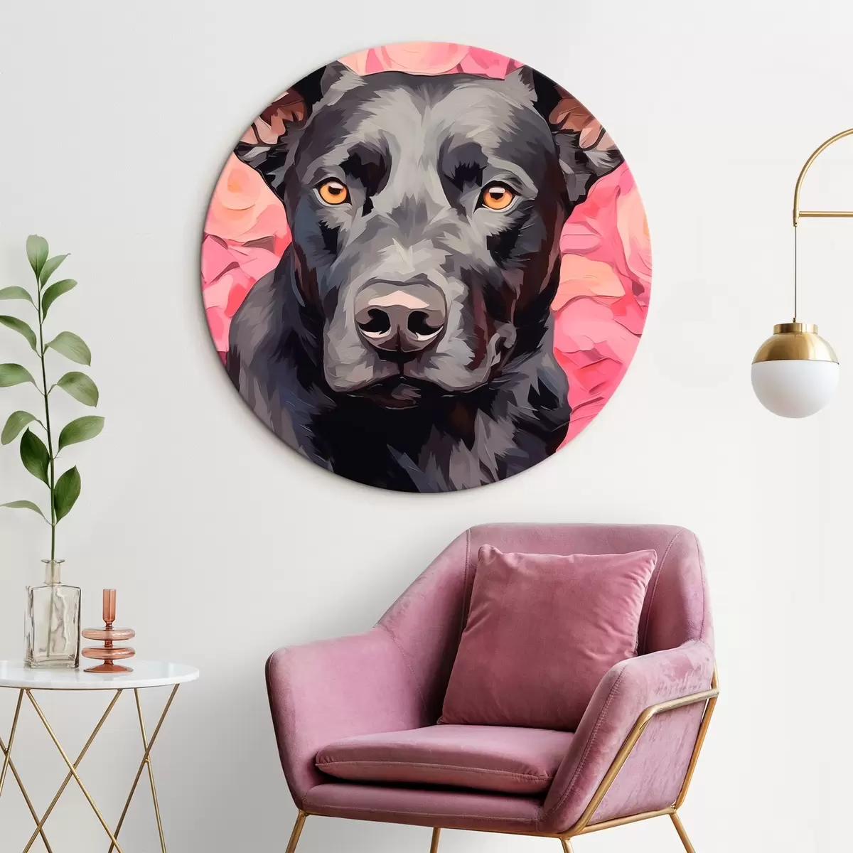 Quadri rotondi Cane nero su sfondo astratto di rose r44817