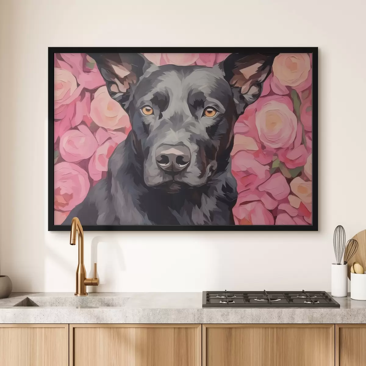 Poster Cane nero su sfondo astratto di rose f44817