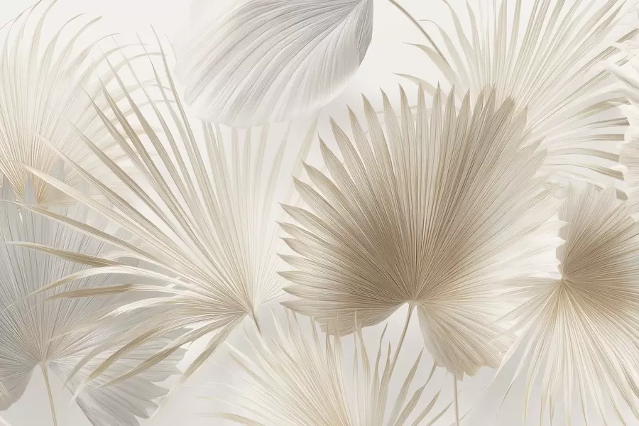 Carta da parati Tropici della Foresta Morbidi ventagli di foglie tropicali nei toni del beige chiaro e dell'azzurro n. w09084