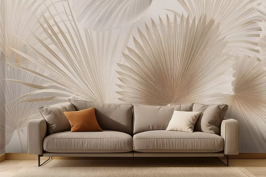 Carta da parati Tropici della Foresta Morbidi ventagli di foglie tropicali nei toni del beige chiaro e dell'azzurro n. w09084