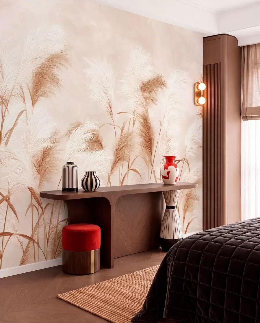 Carta da parati nature L'elegante erba della pampa fiorisce in morbide tonalità beige e lattiginose 