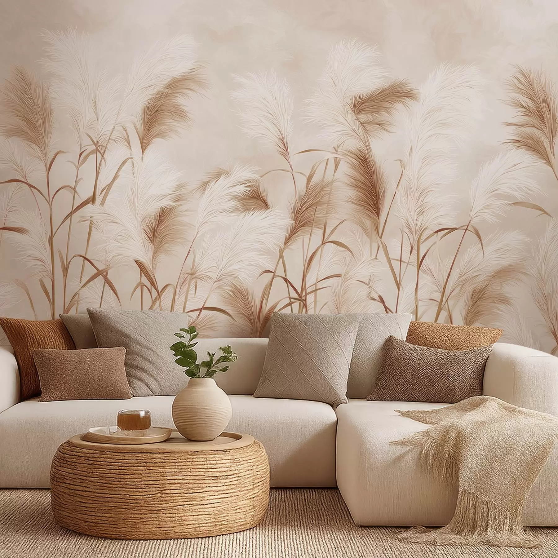 Carta da parati nature L'elegante erba della pampa fiorisce in morbide tonalità beige e lattiginose 