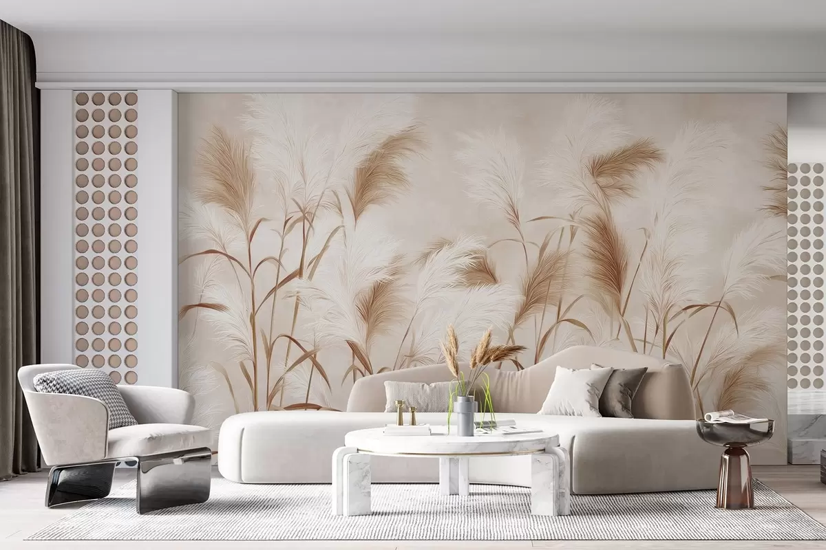 carta da parati L'elegante erba della pampa fiorisce in morbide tonalità beige e lattiginose nr. w09150v1