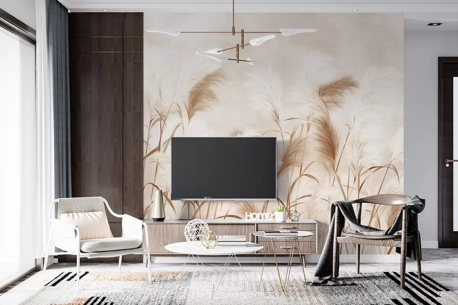 Carta da parati nature L'elegante erba della pampa fiorisce in morbide tonalità beige e lattiginose 