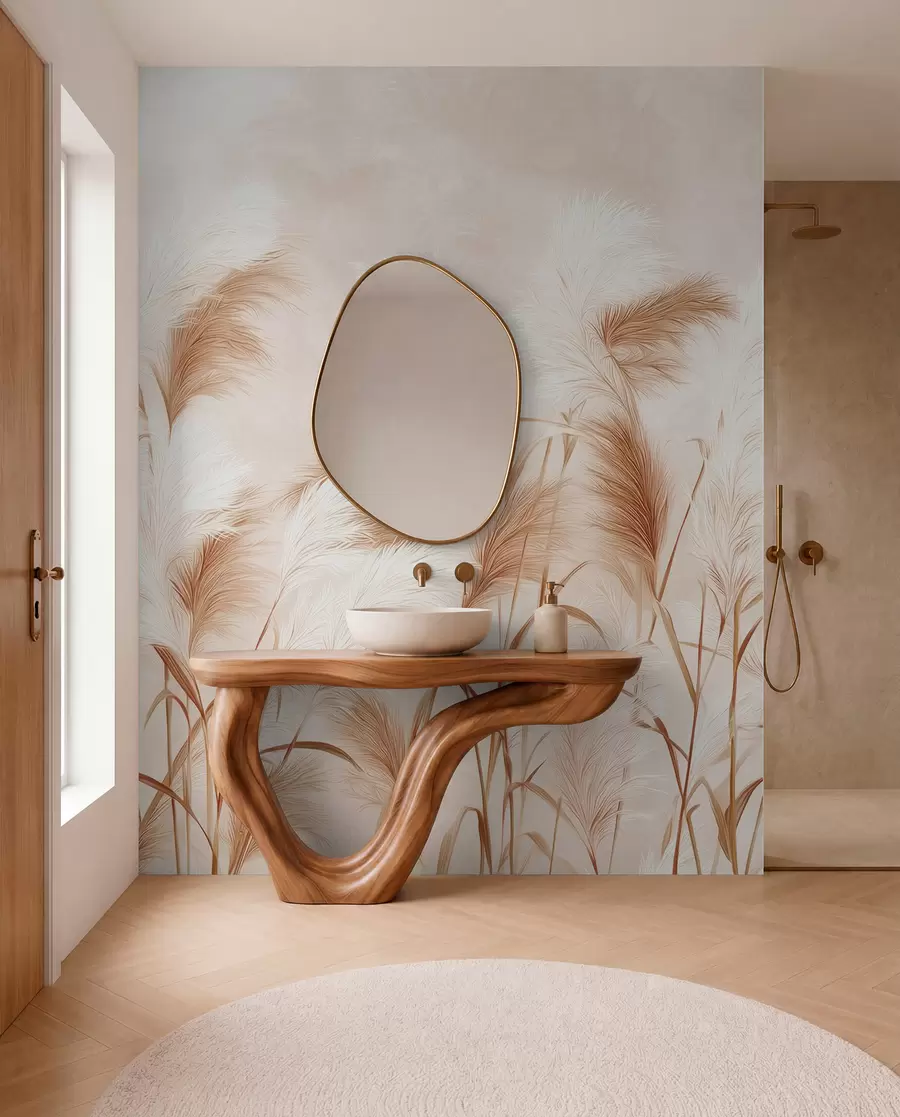 Carta da parati nature L'elegante erba della pampa fiorisce in morbide tonalità beige e lattiginose 