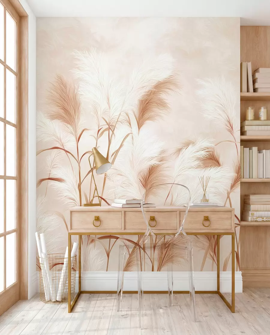 Carta da parati nature L'elegante erba della pampa fiorisce in morbide tonalità beige e lattiginose 