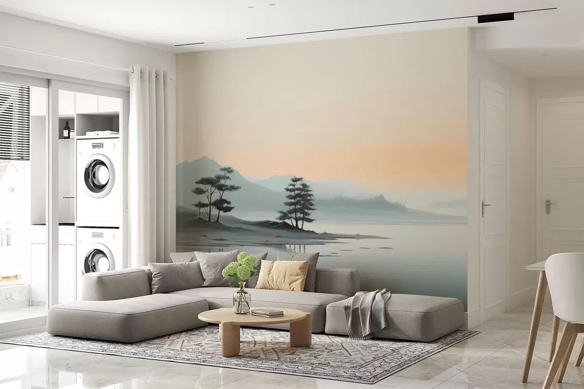 carta da parati Paesaggio minimalista con montagne nebbiose e un lago nr. w09151