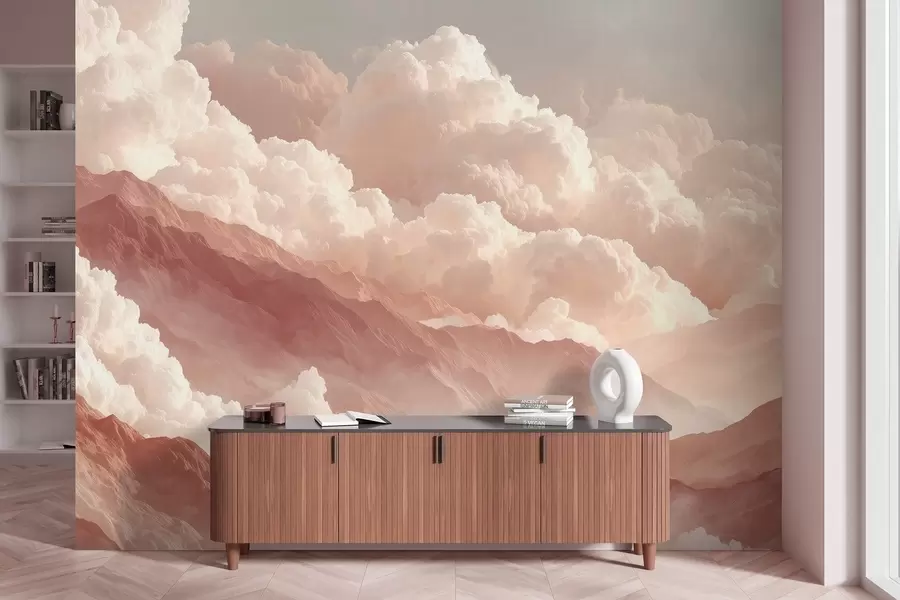 Carta da parati nature Alba calda sulle montagne con nuvole soffici 