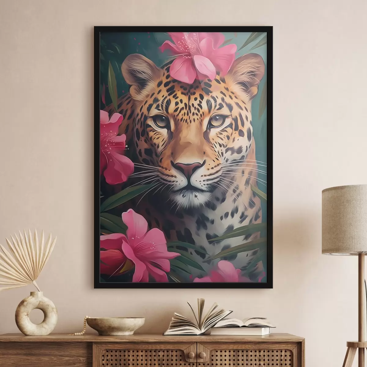 Poster Leopardo tra i fiori tropicali f44918