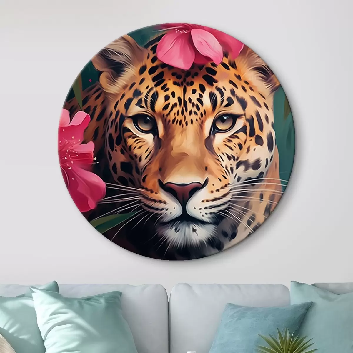 Quadri rotondi Leopardo tra i fiori tropicali r44918