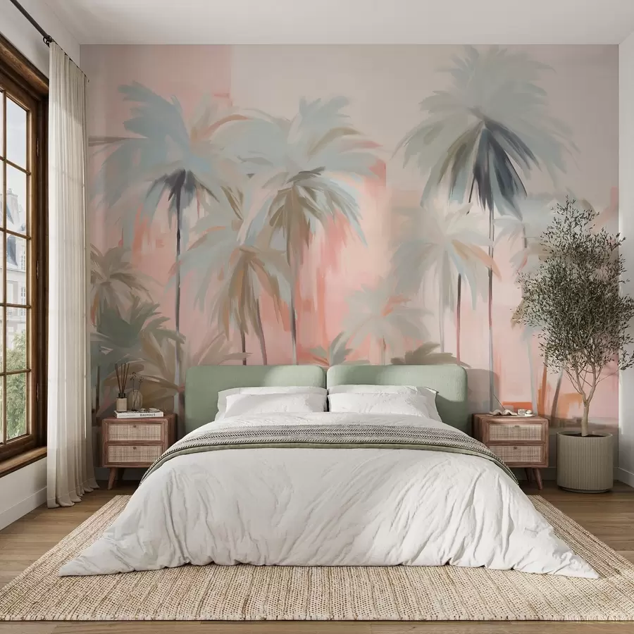 carta da parati Palme tropicali minimaliste astratte e pastello, su uno sfondo di tonalità rosa e pesca nr. w09212