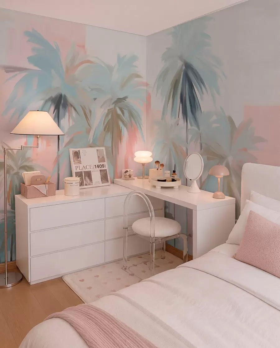 carta da parati Palme tropicali minimaliste astratte e pastello, su uno sfondo di tonalità rosa e pesca nr. w09212