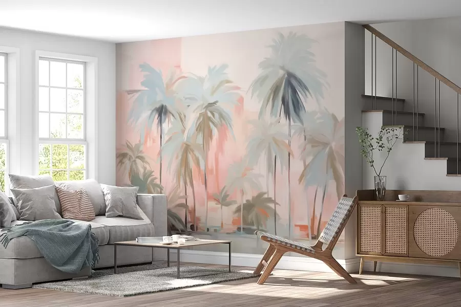 carta da parati Palme tropicali minimaliste astratte e pastello, su uno sfondo di tonalità rosa e pesca nr. w09212